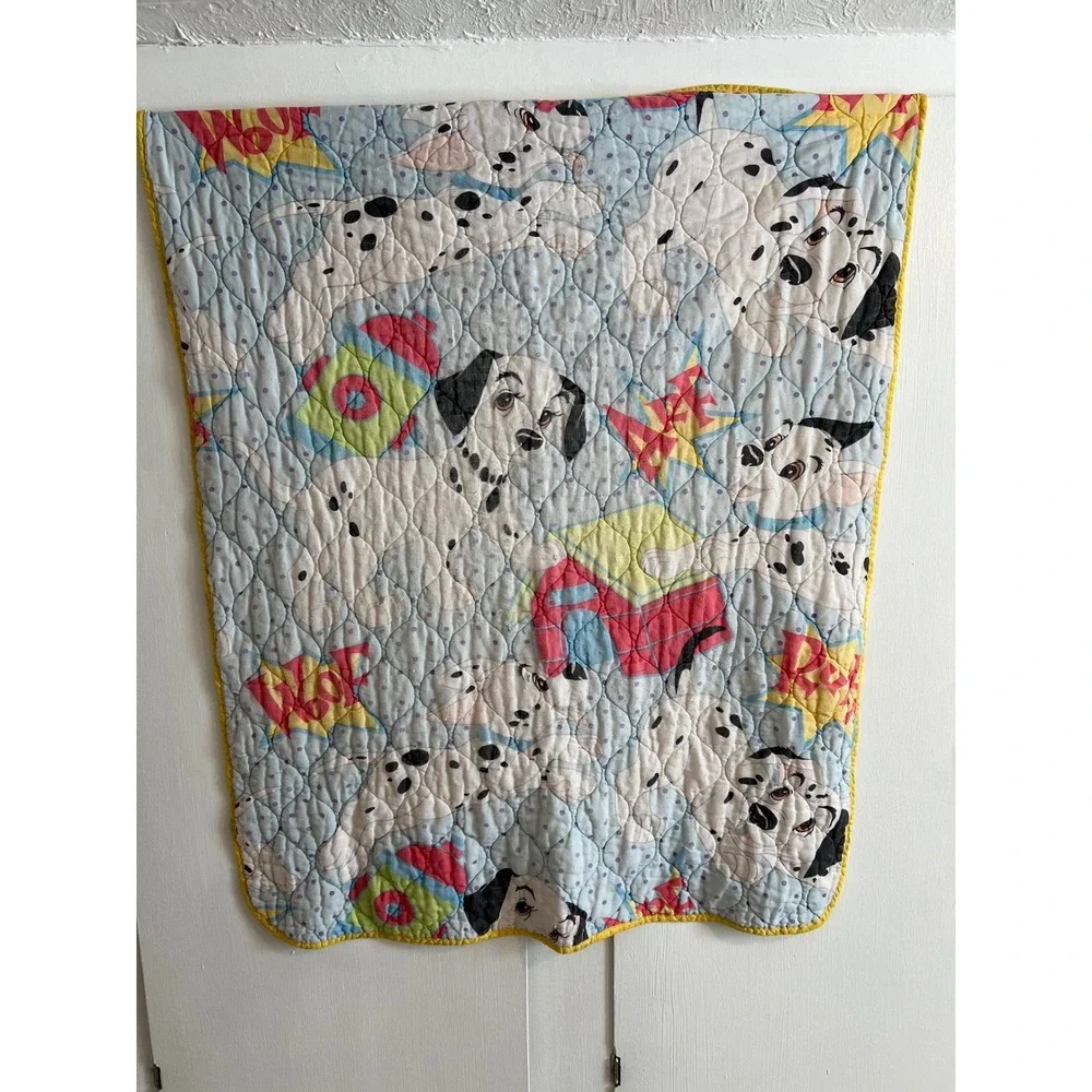 Vintage Disney 101 Dalmatians Quilted Baby Blanket Blue Yellow 40x49 Retro Kids